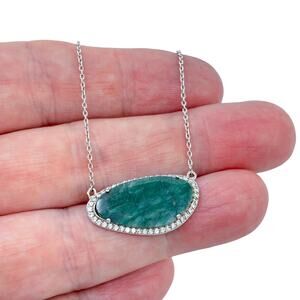Estate Sterling Silver 925 Emerald Cubic Zirconia Halo Pendant Necklace 16"-18"